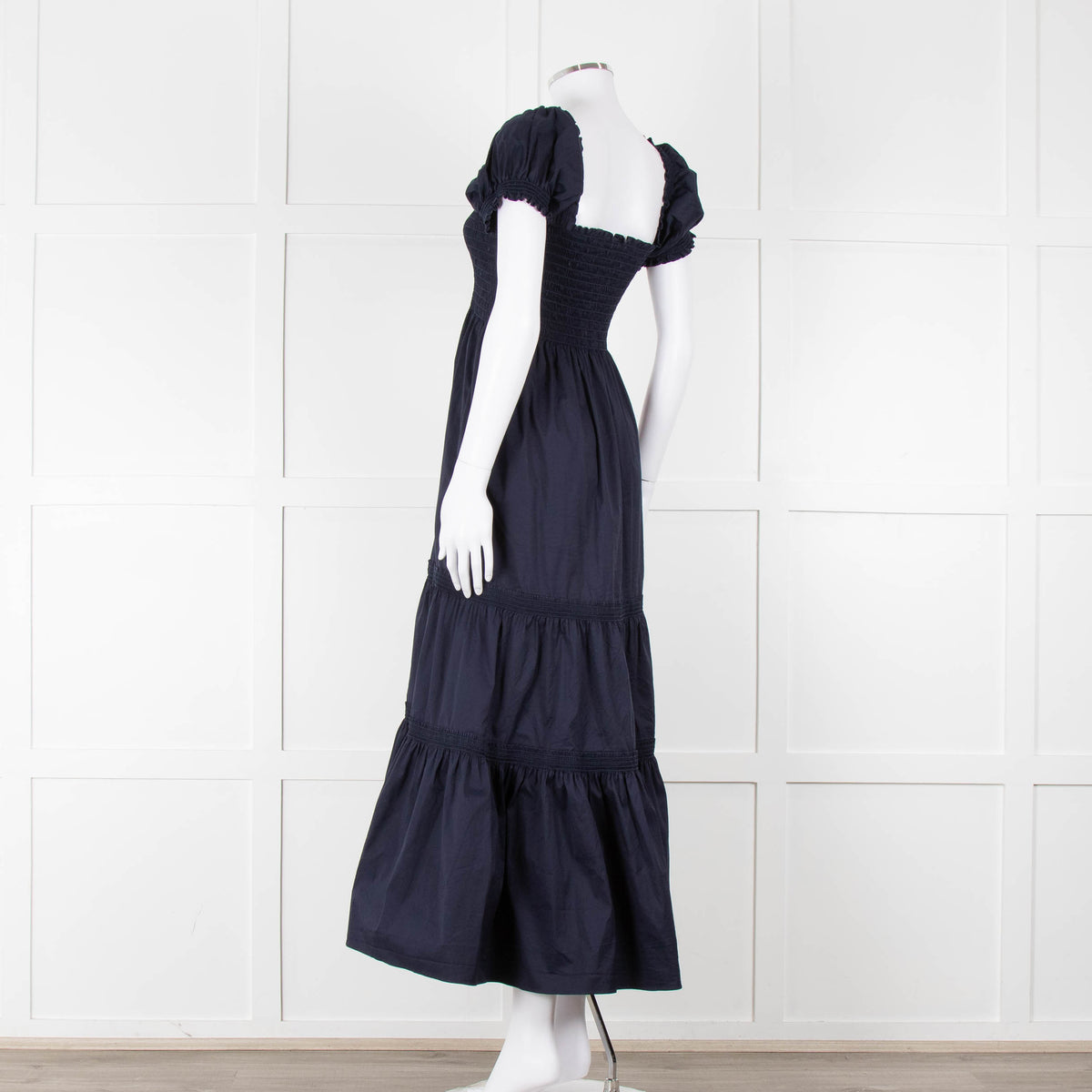 Tory Burch Navy Blue Cotton Ruched Bodice Puff Sleeve Maxi Dress