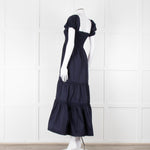 Tory Burch Navy Blue Cotton Ruched Bodice Puff Sleeve Maxi Dress