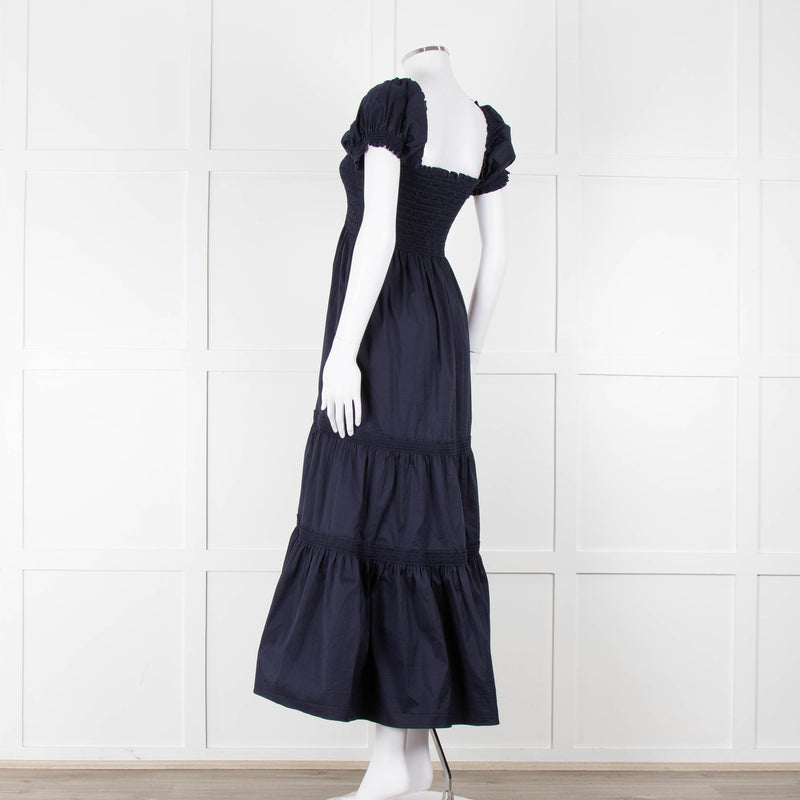 Tory Burch Navy Blue Cotton Ruched Bodice Puff Sleeve Maxi Dress