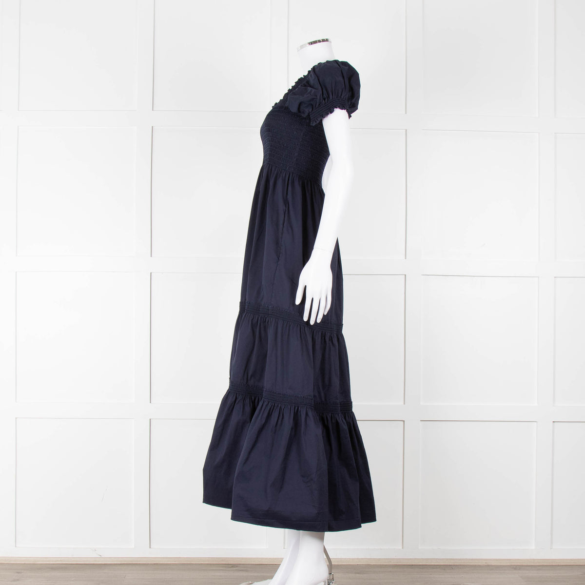 Tory Burch Navy Blue Cotton Ruched Bodice Puff Sleeve Maxi Dress