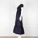 Tory Burch Navy Blue Cotton Ruched Bodice Puff Sleeve Maxi Dress
