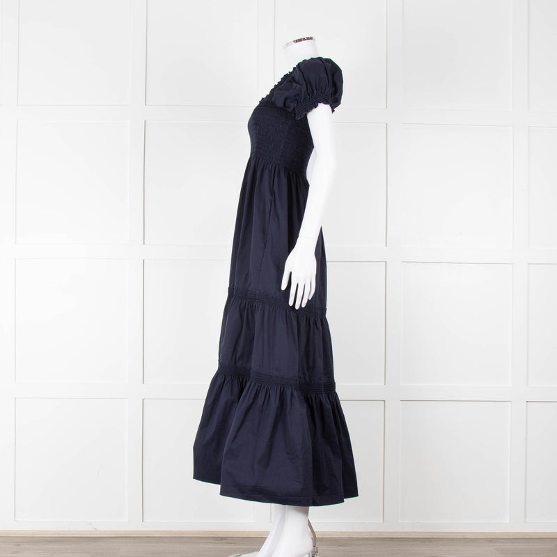 Tory Burch Navy Blue Cotton Ruched Bodice Puff Sleeve Maxi Dress