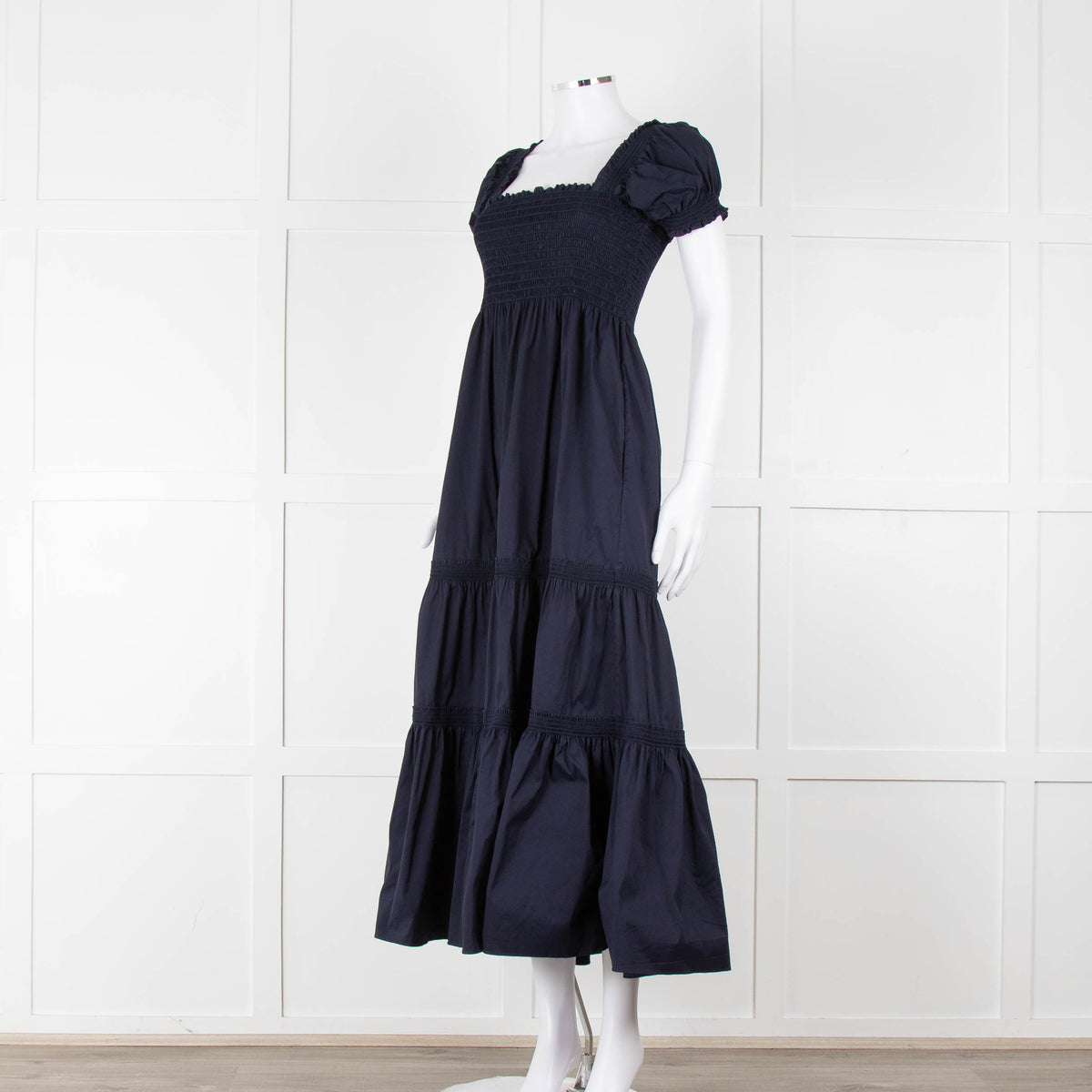 Tory Burch Navy Blue Cotton Ruched Bodice Puff Sleeve Maxi Dress
