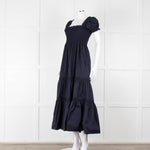 Tory Burch Navy Blue Cotton Ruched Bodice Puff Sleeve Maxi Dress
