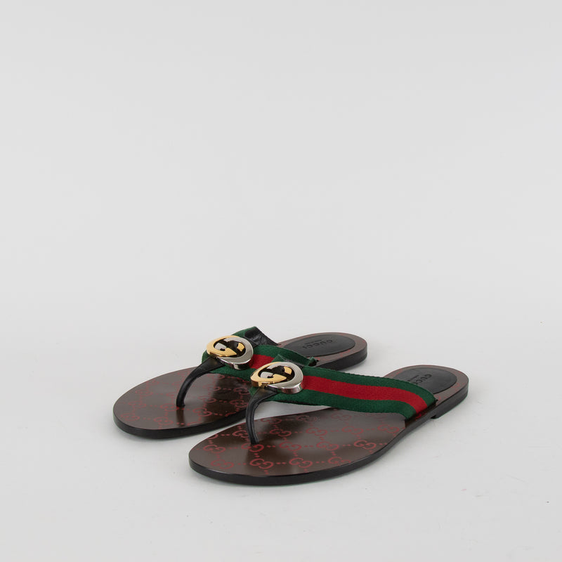 Gucci Green Red GG Thong Web Flat Sandals