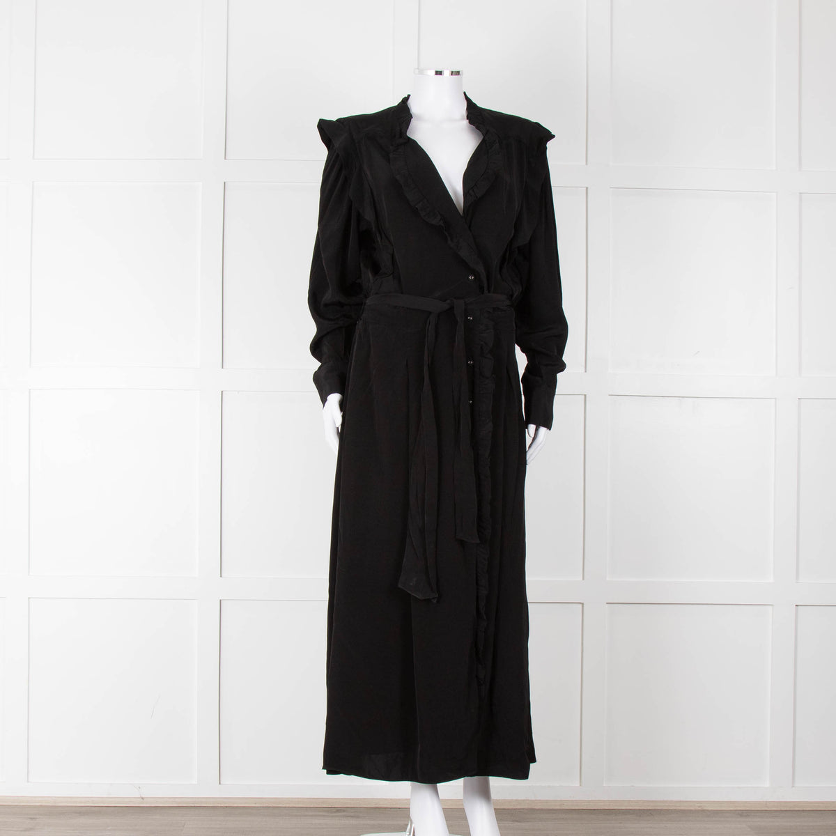 Magali Pascal Black Long Sleeve Frill Trim Maxi Dress