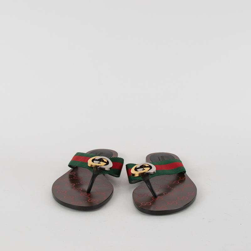 Gucci Green Red GG Thong Web Flat Sandals