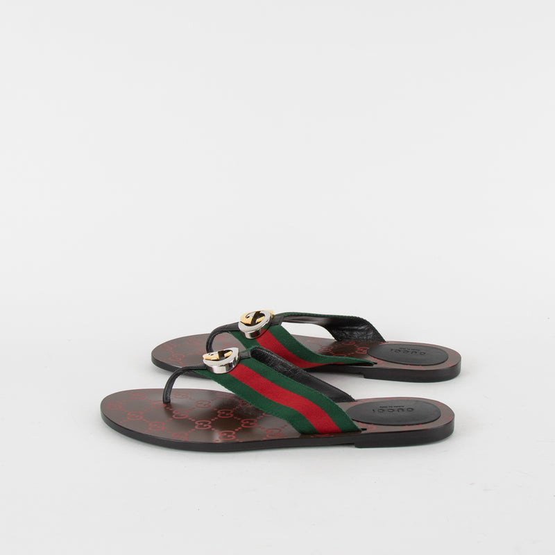 Gucci Green Red GG Thong Web Flat Sandals