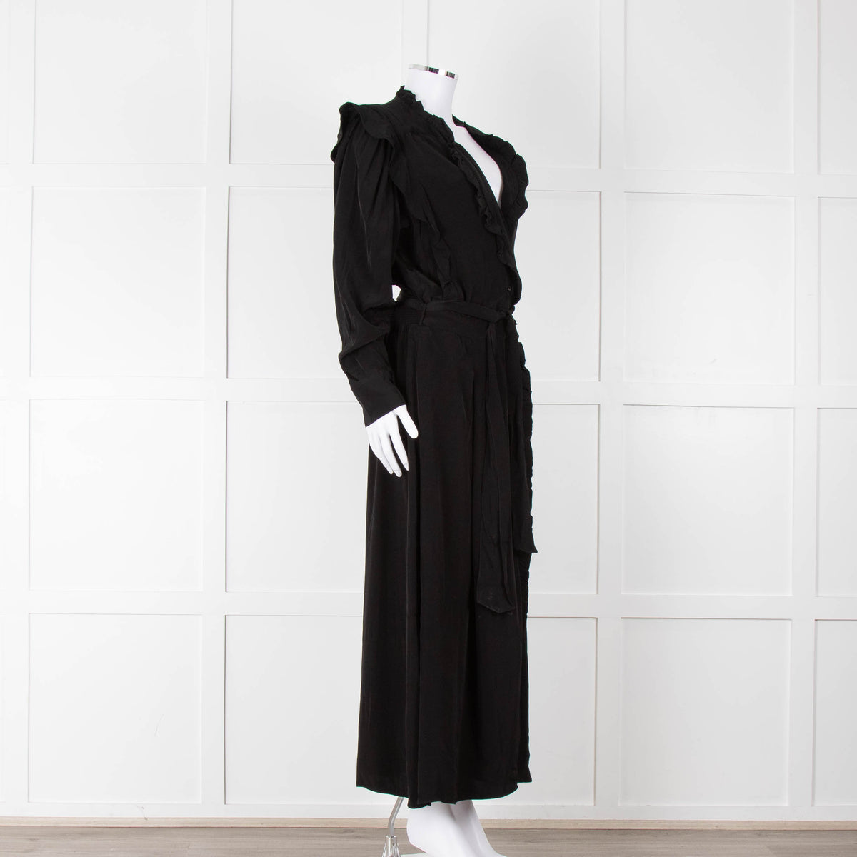Magali Pascal Black Long Sleeve Frill Trim Maxi Dress