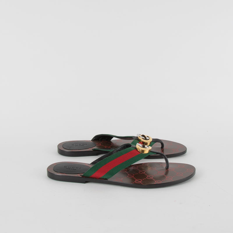 Gucci Green Red GG Thong Web Flat Sandals