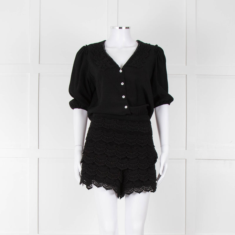 Maje Black Crochet Trim Short Sleeve Playsuit