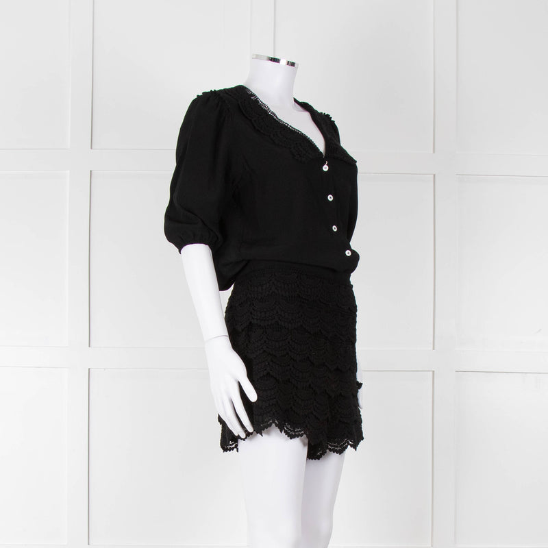 Maje Black Crochet Trim Short Sleeve Playsuit