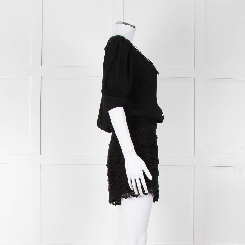 Maje Black Crochet Trim Short Sleeve Playsuit