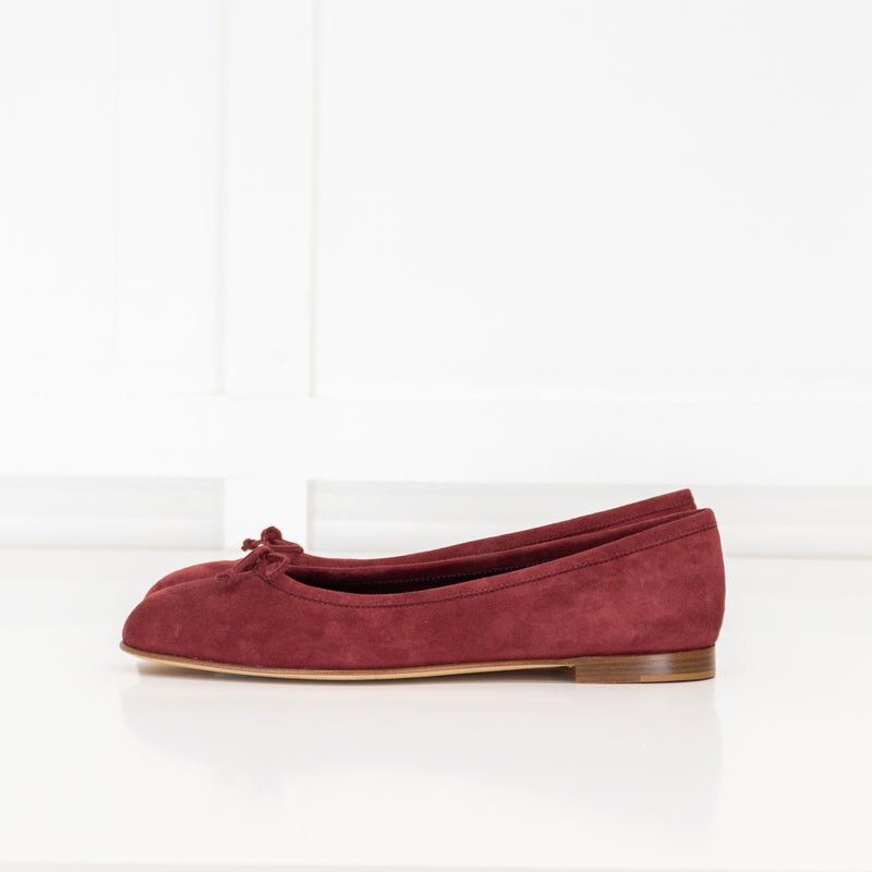Manolo Blahnik Burgundy Suede Veralli Bow Detail Ballet Flat