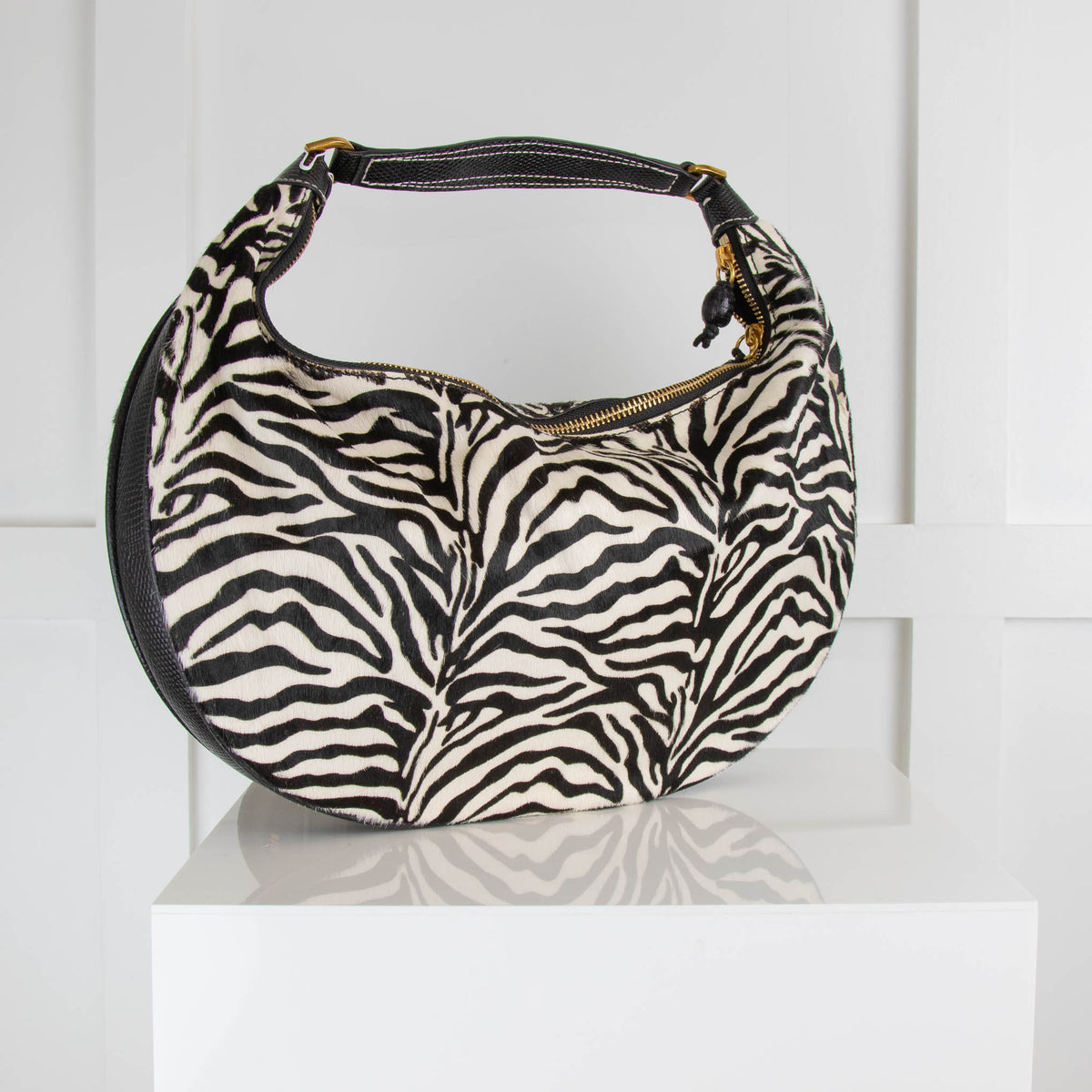Staud Sasha Textured Leather Trimmed Zebra Print Shoulder Bag