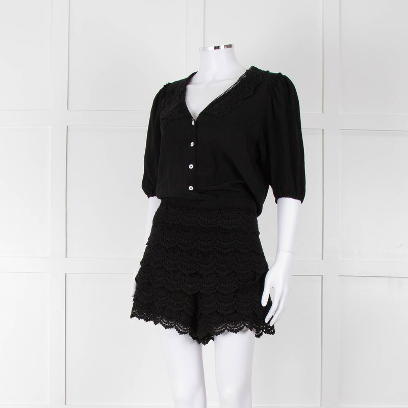 Maje Black Crochet Trim Short Sleeve Playsuit