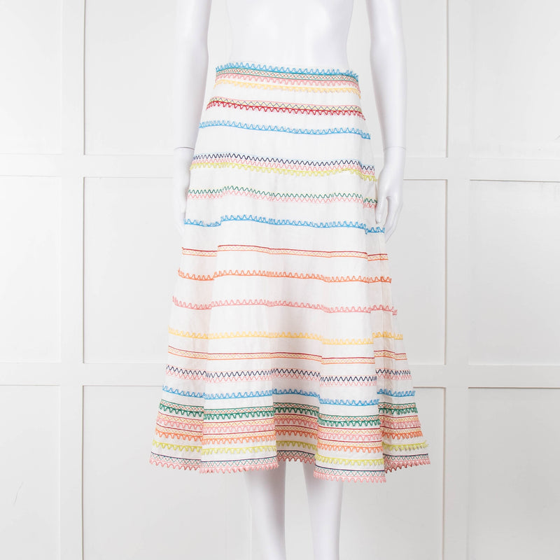 Zimmermann White Linen Midi Skirt with Multi-Coloured Scallop Trim