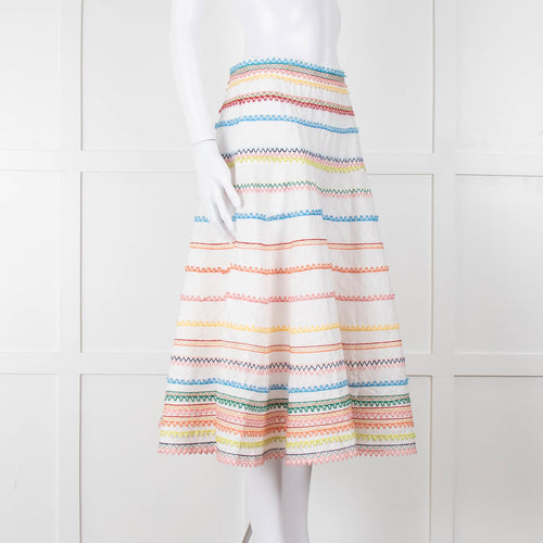 Zimmermann White Linen Midi Skirt with Multi-Coloured Scallop Trim
