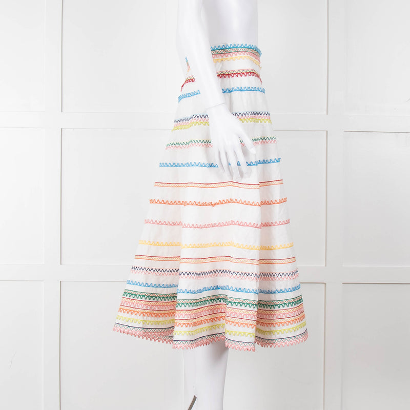 Zimmermann White Linen Midi Skirt with Multi-Coloured Scallop Trim