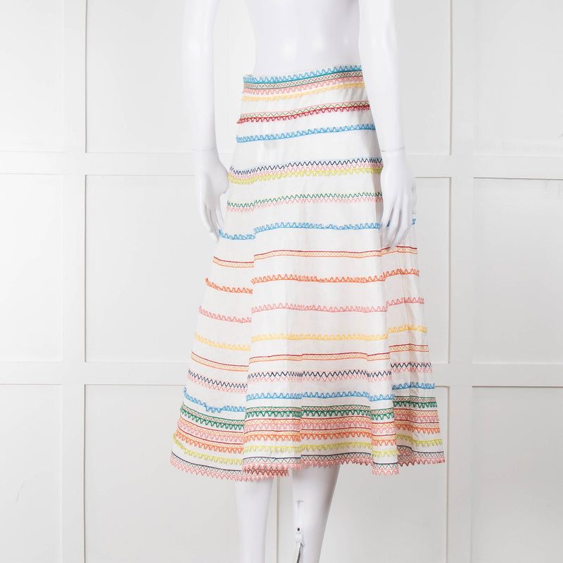 Zimmermann White Linen Midi Skirt with Multi-Coloured Scallop Trim