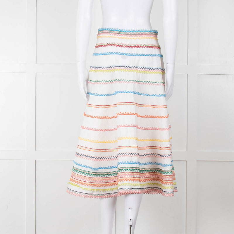 Zimmermann White Linen Midi Skirt with Multi-Coloured Scallop Trim