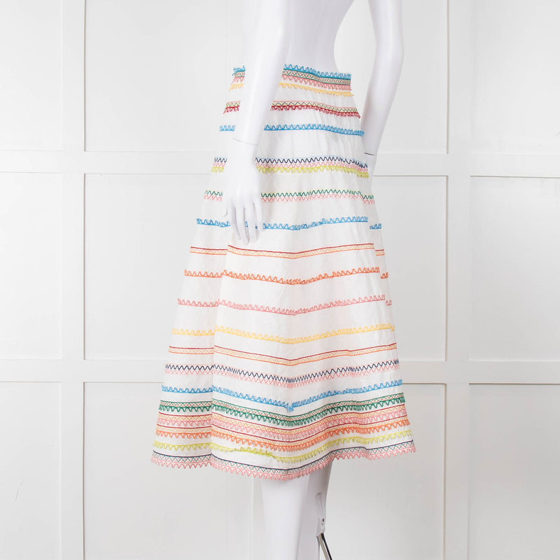 Zimmermann White Linen Midi Skirt with Multi-Coloured Scallop Trim