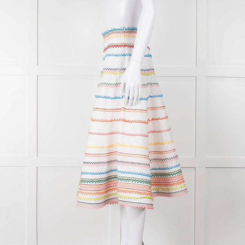 Zimmermann White Linen Midi Skirt with Multi-Coloured Scallop Trim