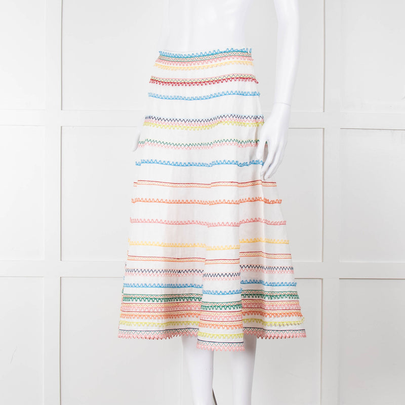 Zimmermann White Linen Midi Skirt with Multi-Coloured Scallop Trim