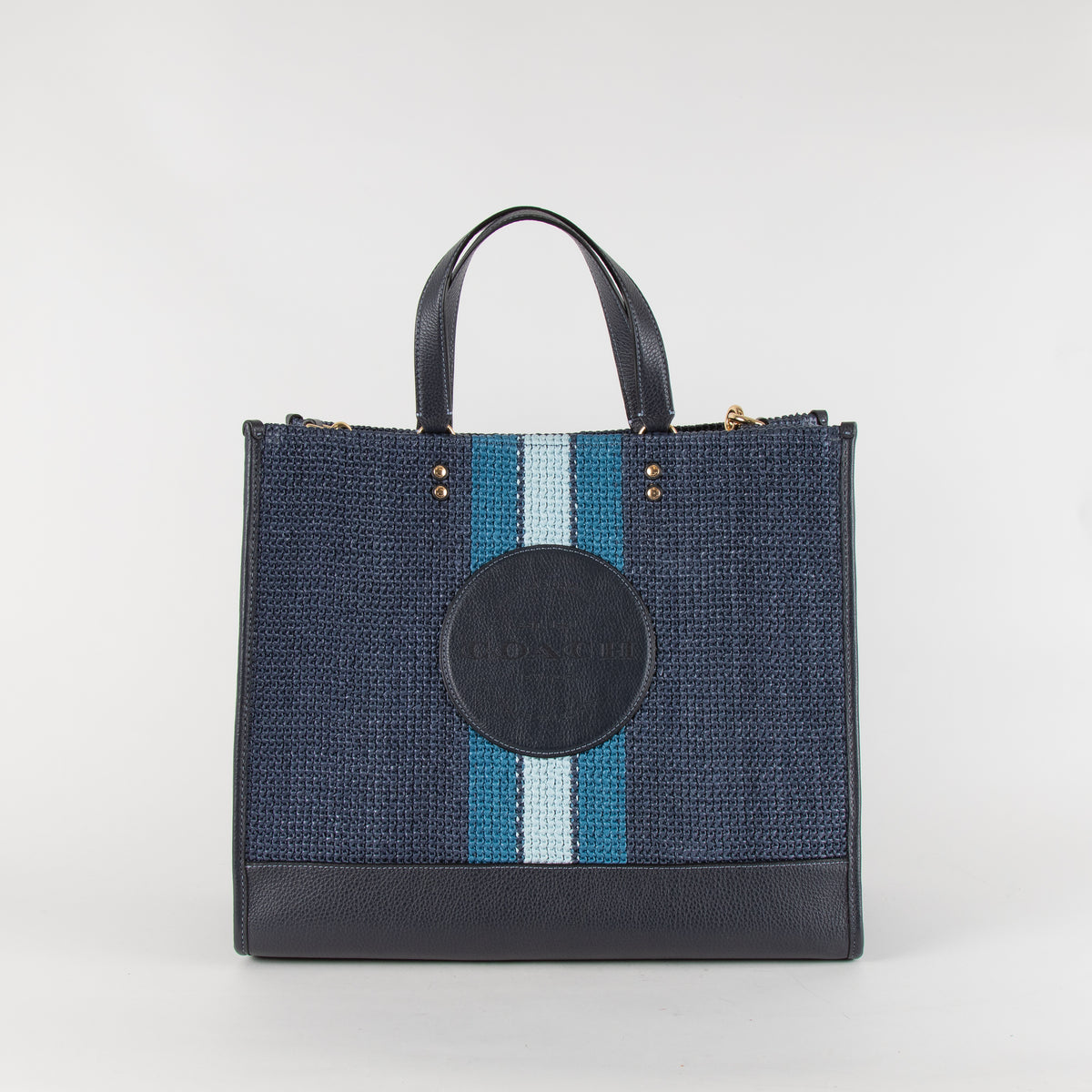 Coach Navy Blue Stripe Straw Exterior Dempsey Tote 40 Bag