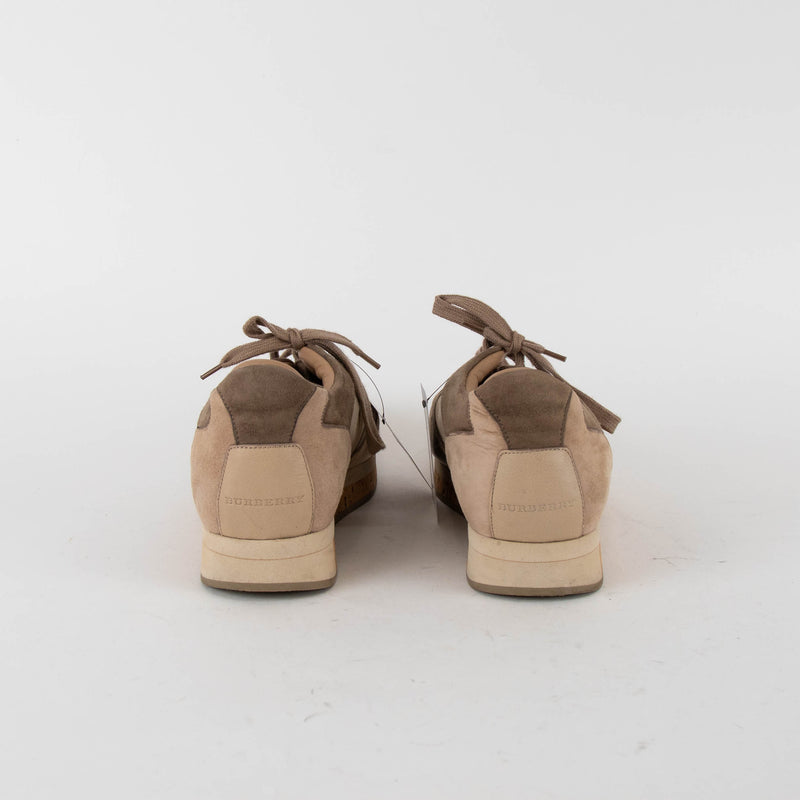 Burberry Beige Suede Satin Lace Up Cork Trainers