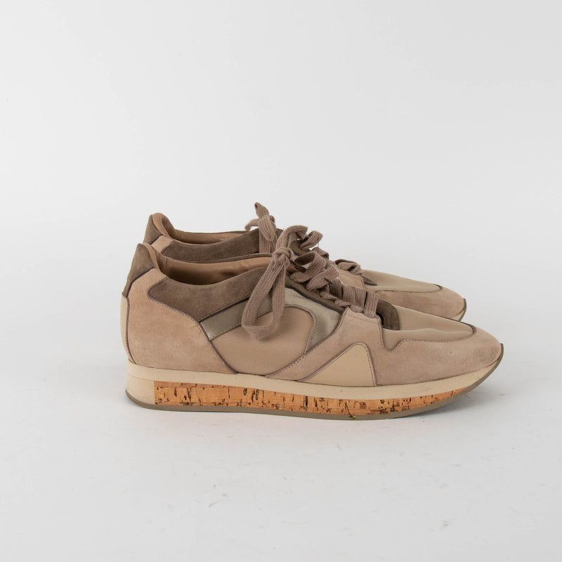 Burberry Beige Suede Satin Lace Up Cork Trainers