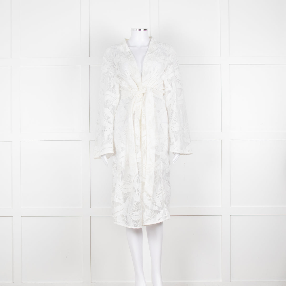 Self-Portrait White Lace Embroidery Mesh Belted Coat