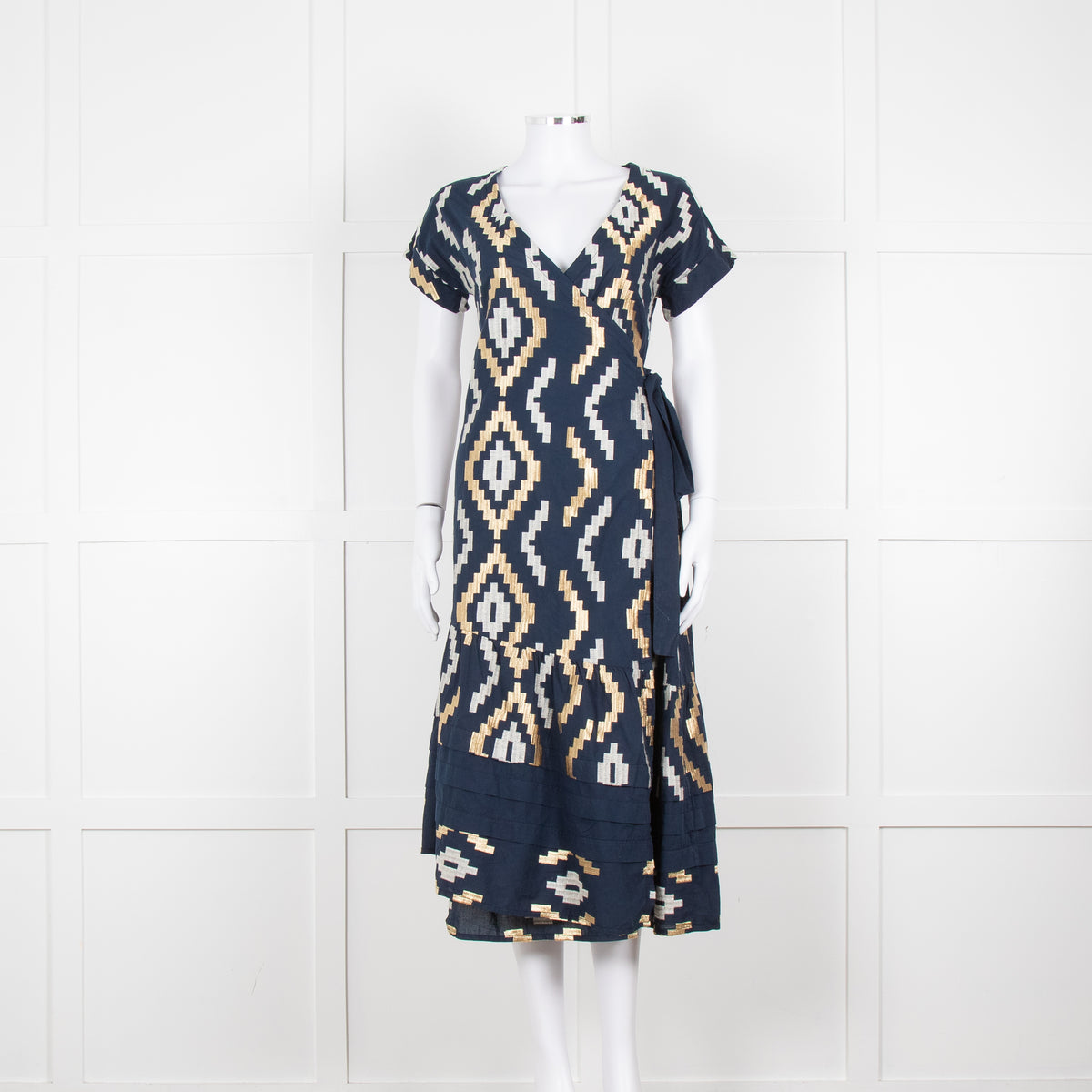Greek Archaic Kori Navy Blue Gold Embroidered Wrap Dress