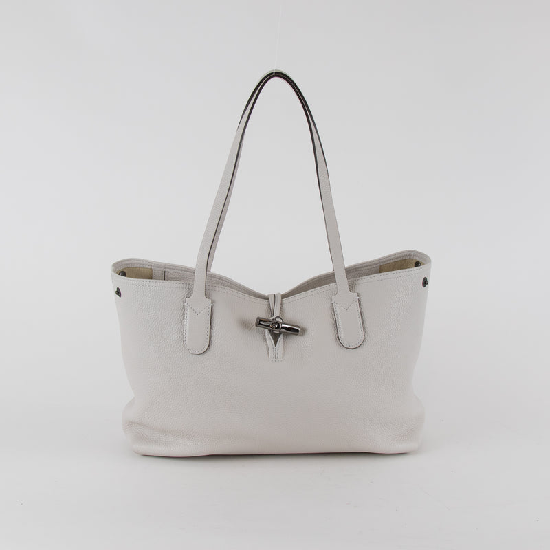 Longchamp Pale Grey Le Roseau Essential Grained Leather Top Handle Tote Bag