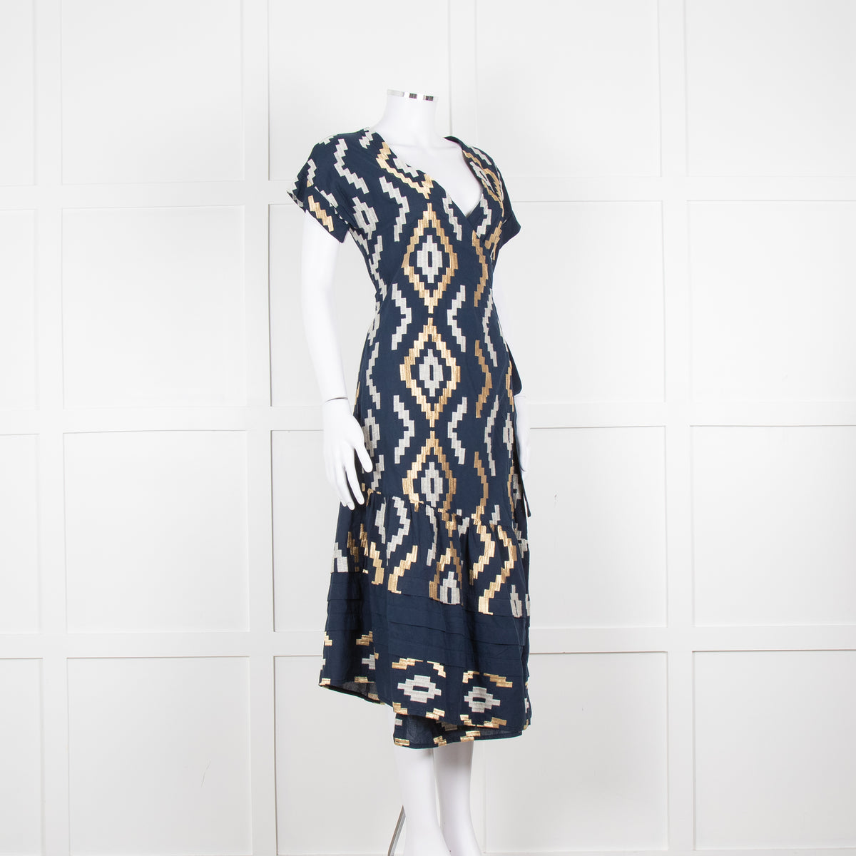 Greek Archaic Kori Navy Blue Gold Embroidered Wrap Dress
