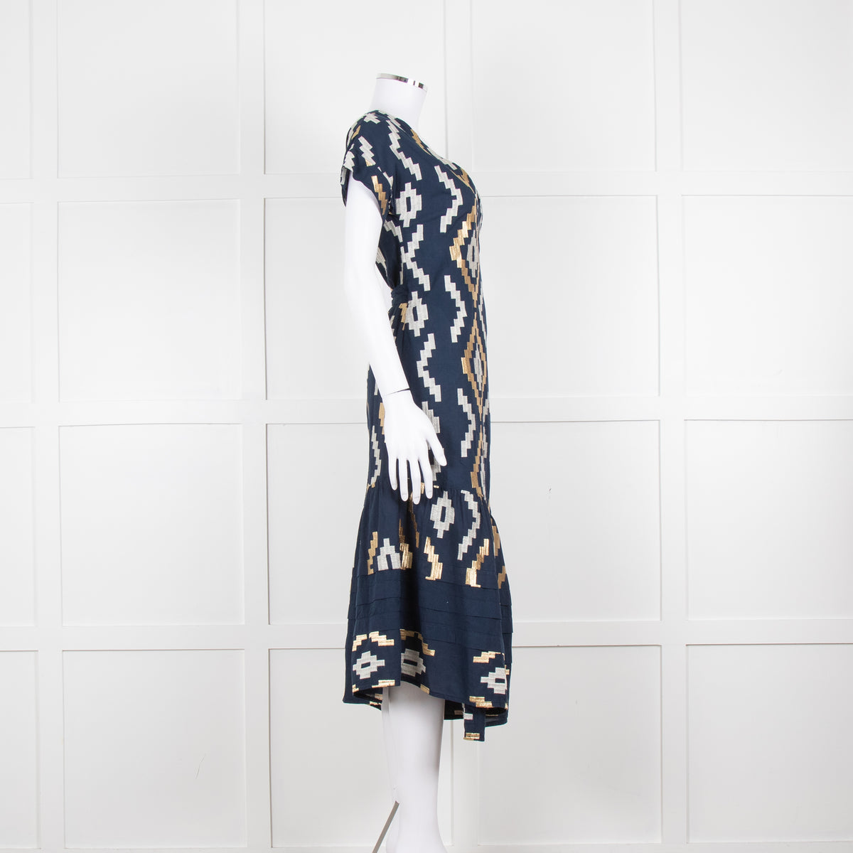 Greek Archaic Kori Navy Blue Gold Embroidered Wrap Dress