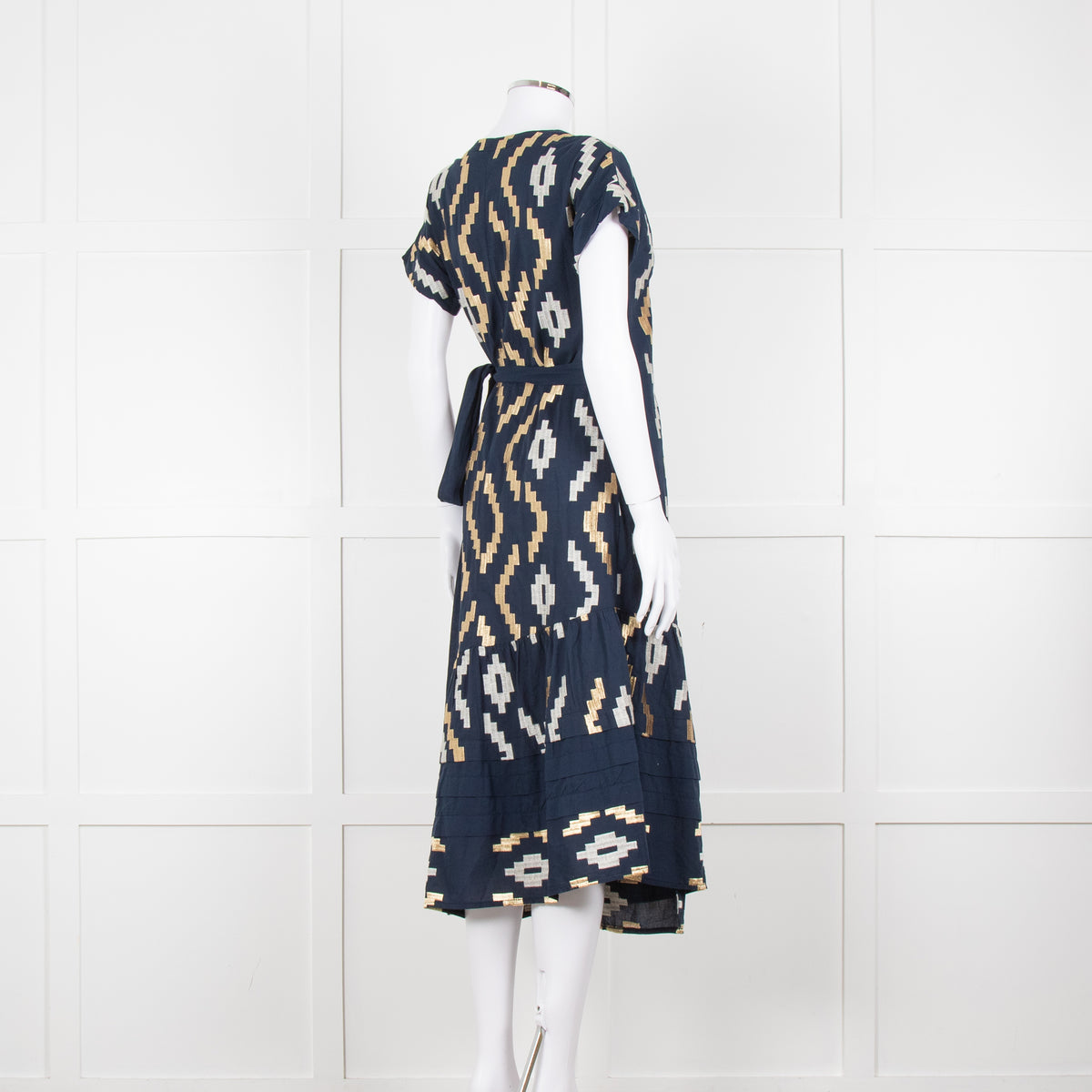 Greek Archaic Kori Navy Blue Gold Embroidered Wrap Dress