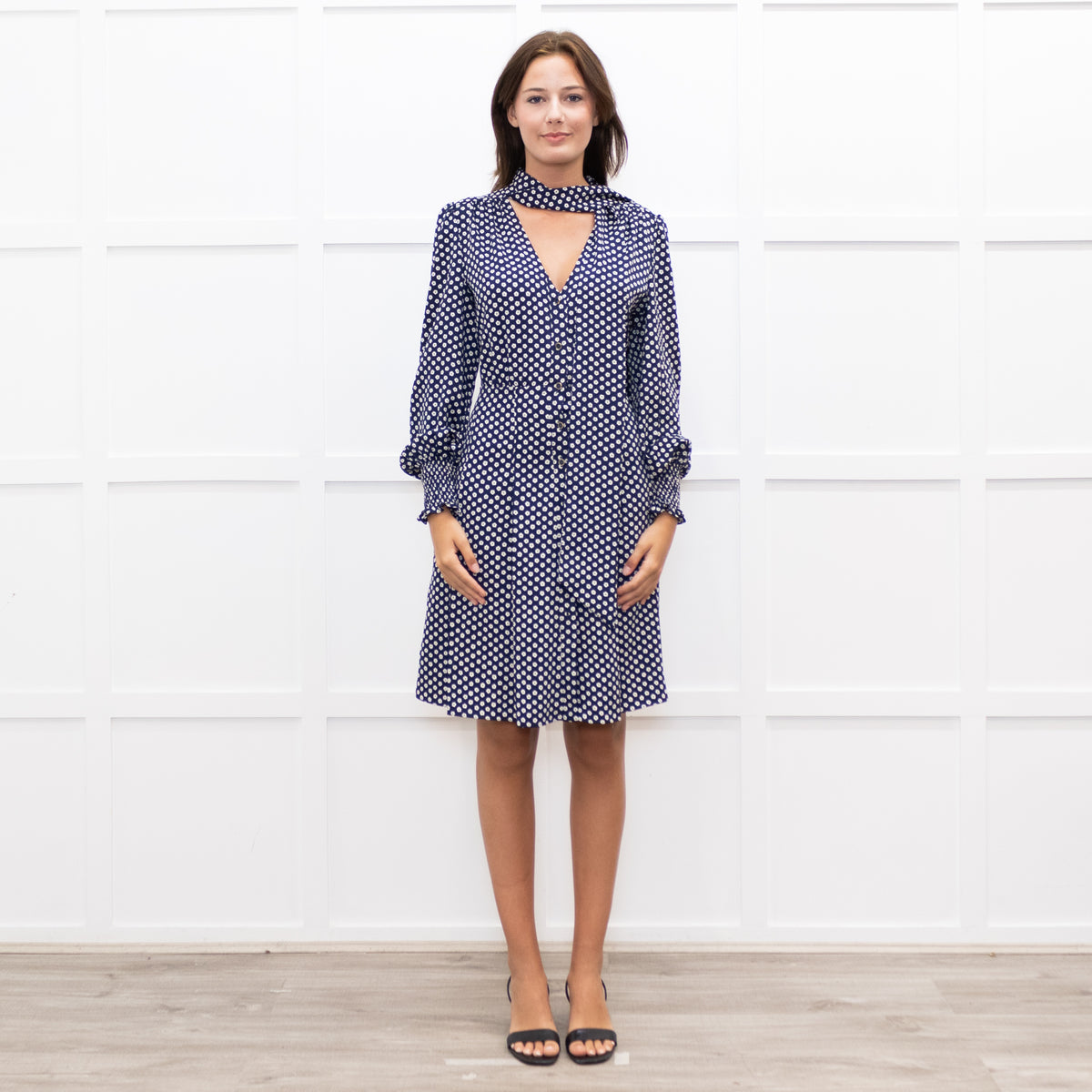 Me + Em  Navy Floral Print Pussy Bow Long Sleeve Dress