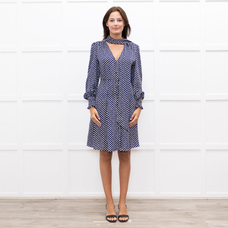 Me + Em  Navy Floral Print Pussy Bow Long Sleeve Dress