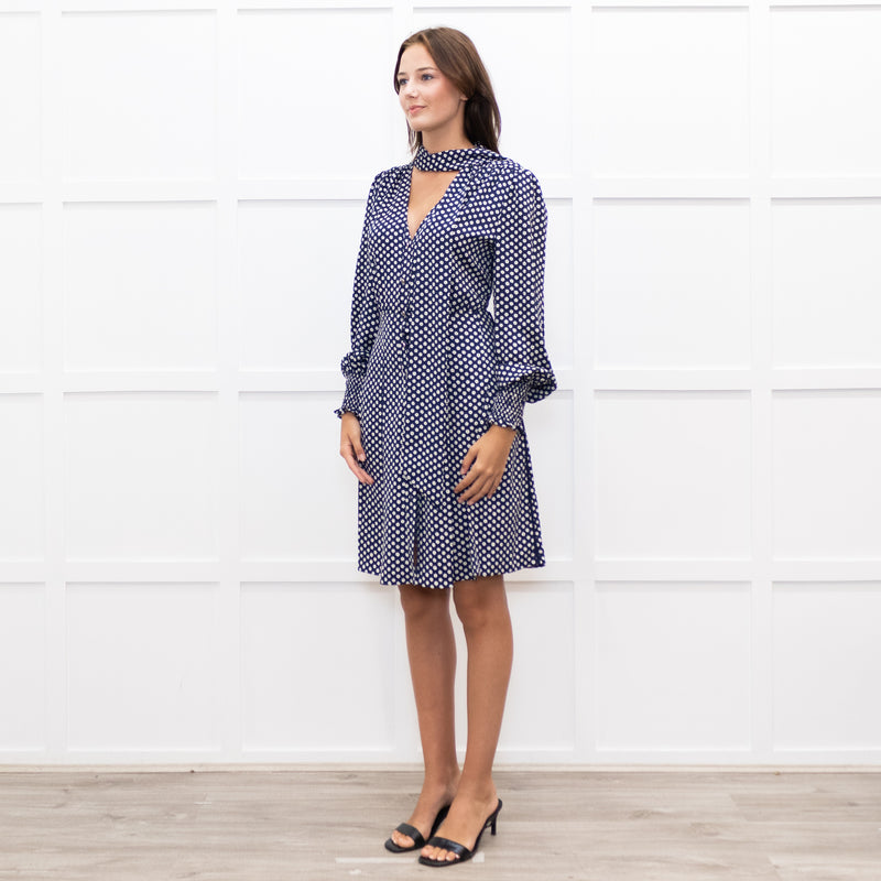Me + Em  Navy Floral Print Pussy Bow Long Sleeve Dress