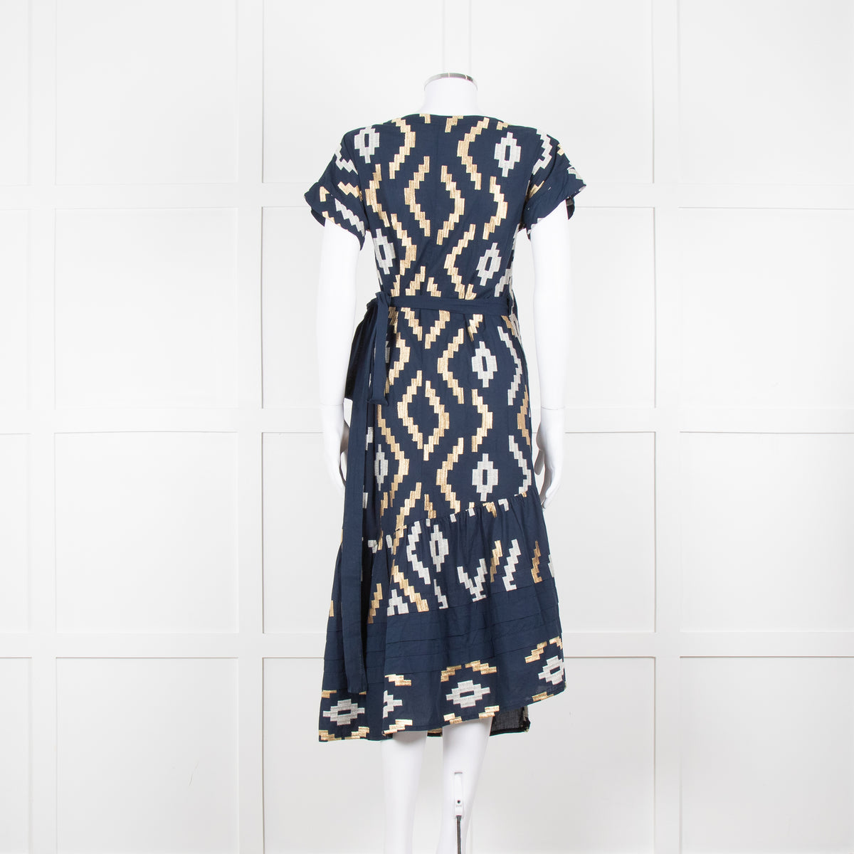 Greek Archaic Kori Navy Blue Gold Embroidered Wrap Dress