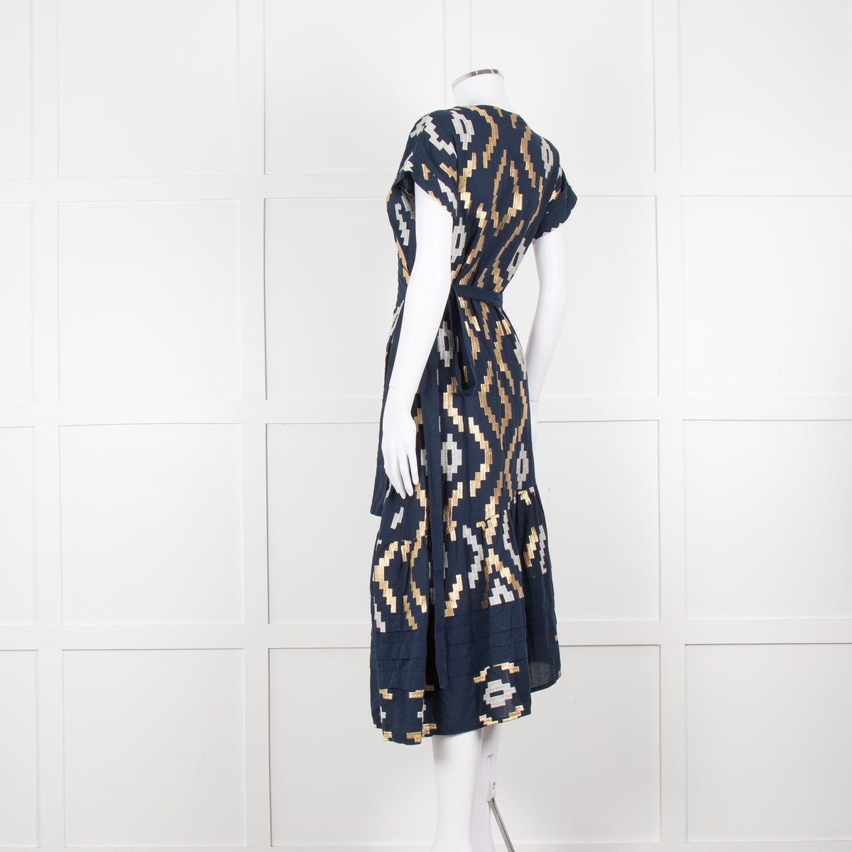Greek Archaic Kori Navy Blue Gold Embroidered Wrap Dress