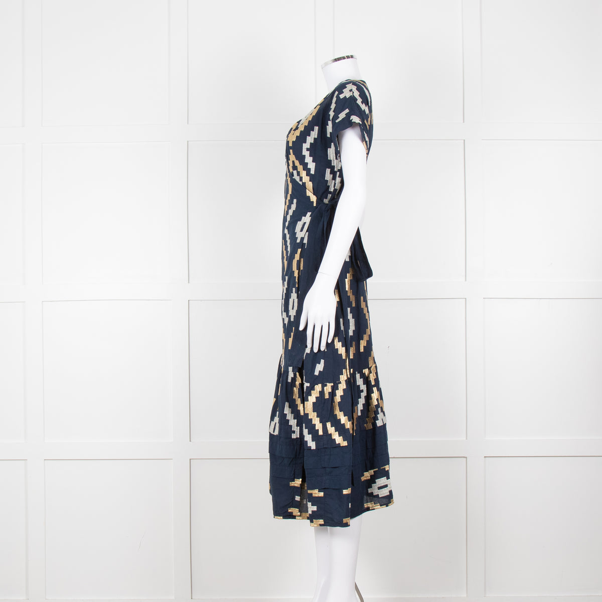 Greek Archaic Kori Navy Blue Gold Embroidered Wrap Dress