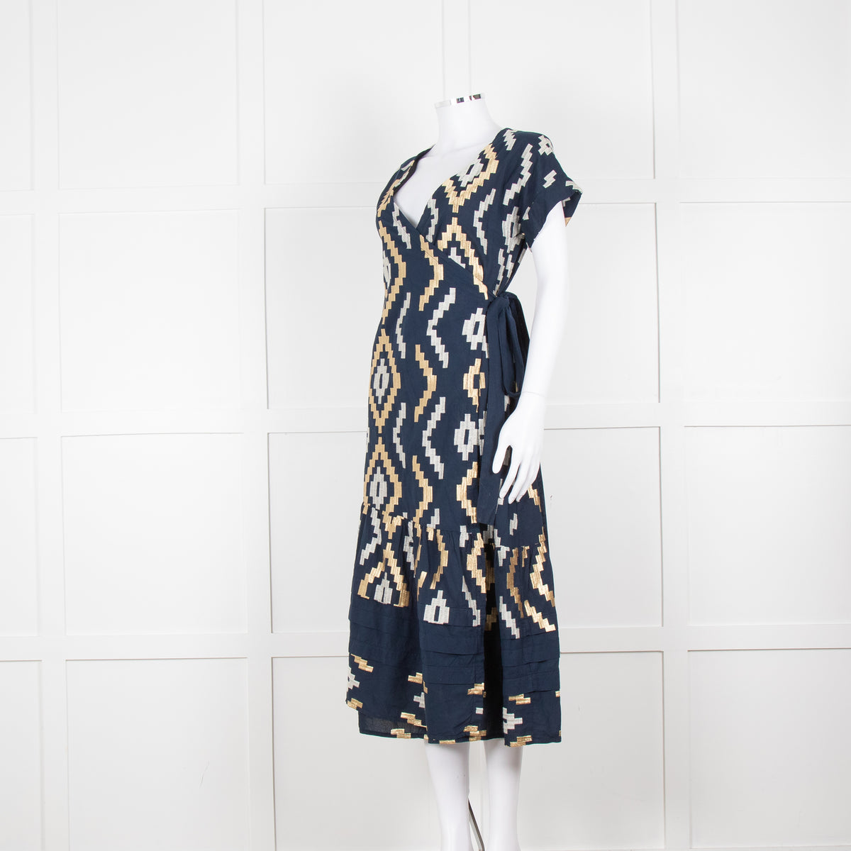 Greek Archaic Kori Navy Blue Gold Embroidered Wrap Dress