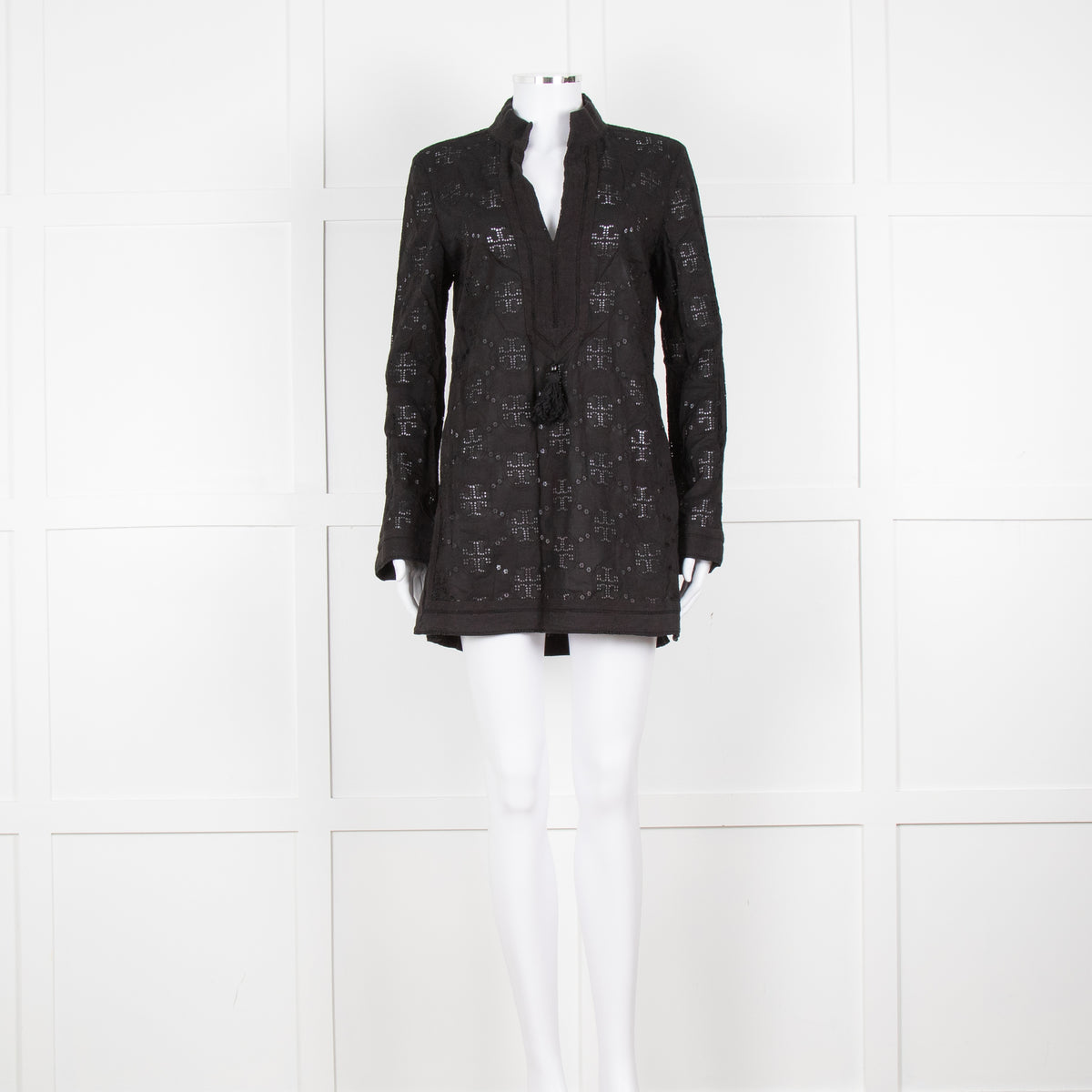 Tory Burch Black Embroidered Long Sleeve Kaftan