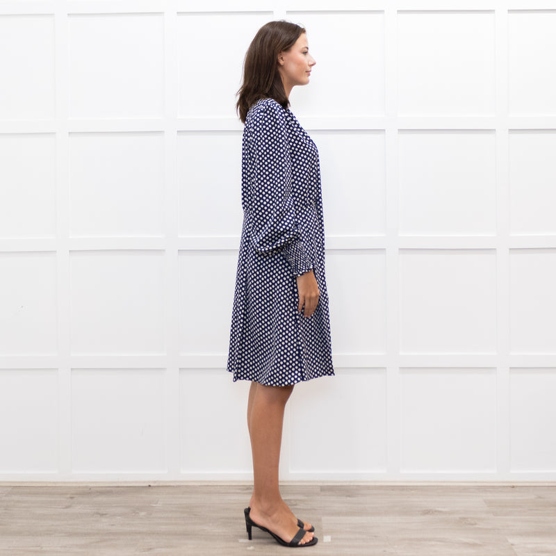 Me + Em  Navy Floral Print Pussy Bow Long Sleeve Dress