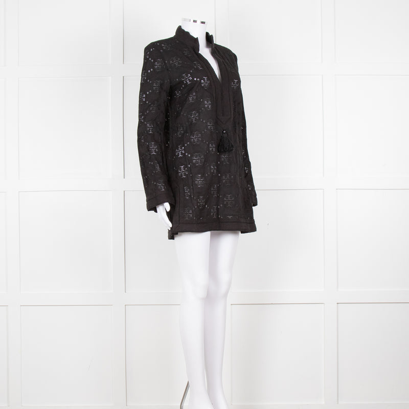 Tory Burch Black Embroidered Long Sleeve Kaftan