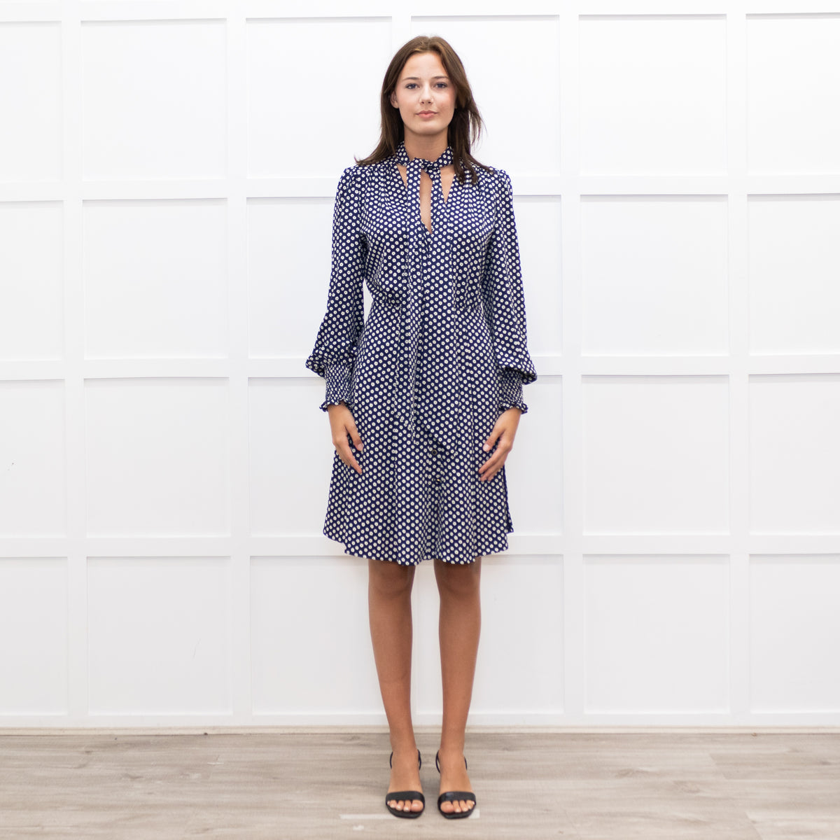 Me + Em  Navy Floral Print Pussy Bow Long Sleeve Dress