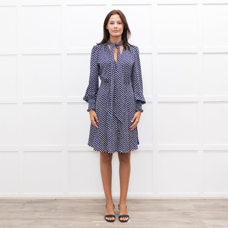 Me + Em  Navy Floral Print Pussy Bow Long Sleeve Dress