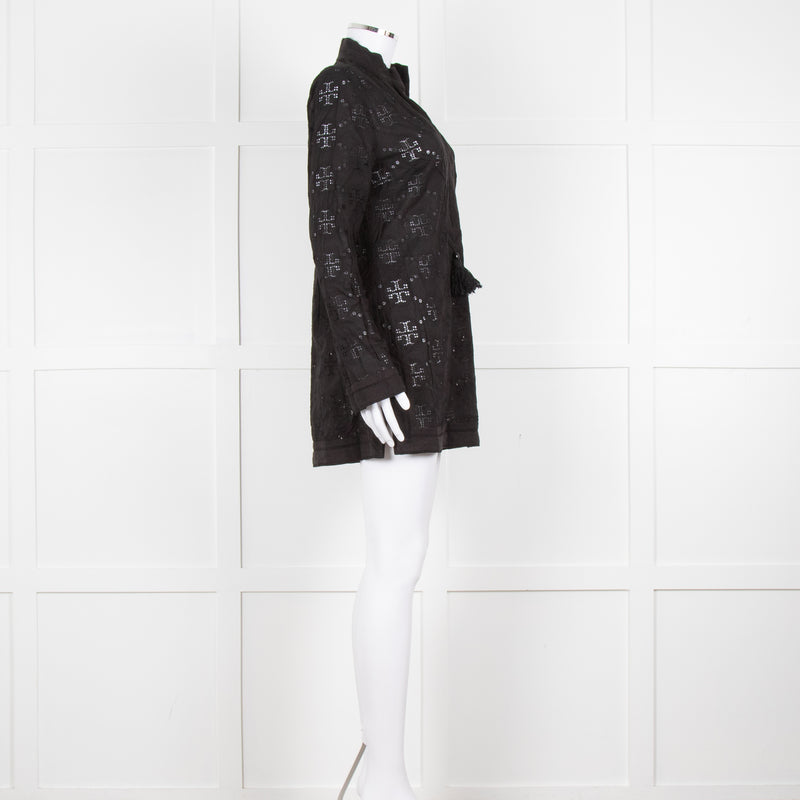 Tory Burch Black Embroidered Long Sleeve Kaftan